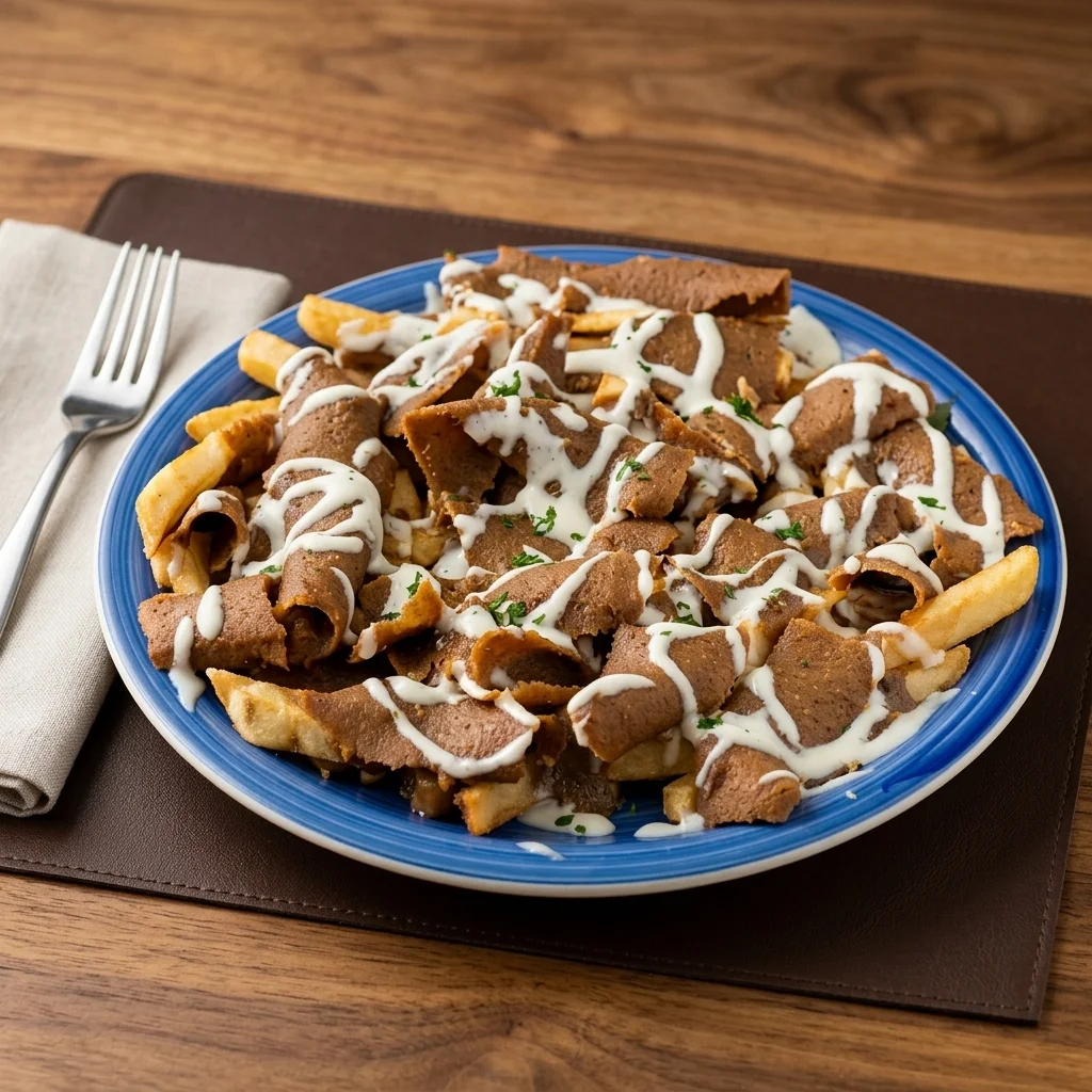 Donair poutine with fries, cheese curds, gravy and donair meat at Taystee Donair & Pizza in Edmonton