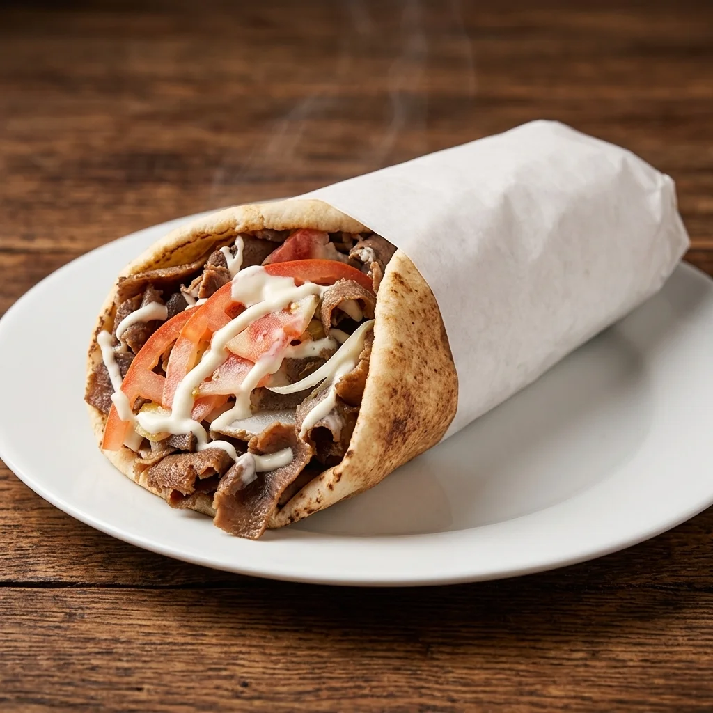Beef donair wrap loaded with sweet sauce at Taystee Donair & Pizza Edmonton
